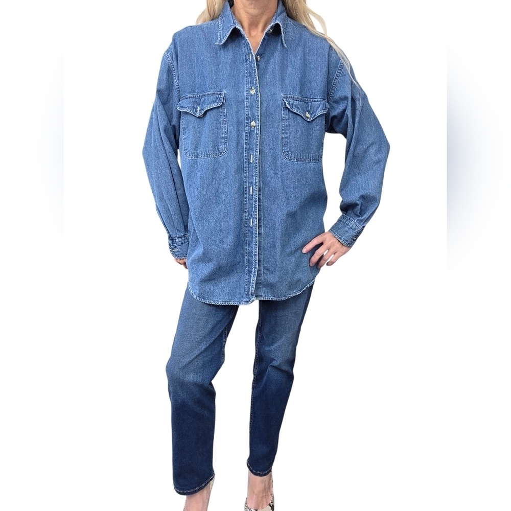 Terra Oversized Denim Button Up Shirt 100% Cotton Blue Size L